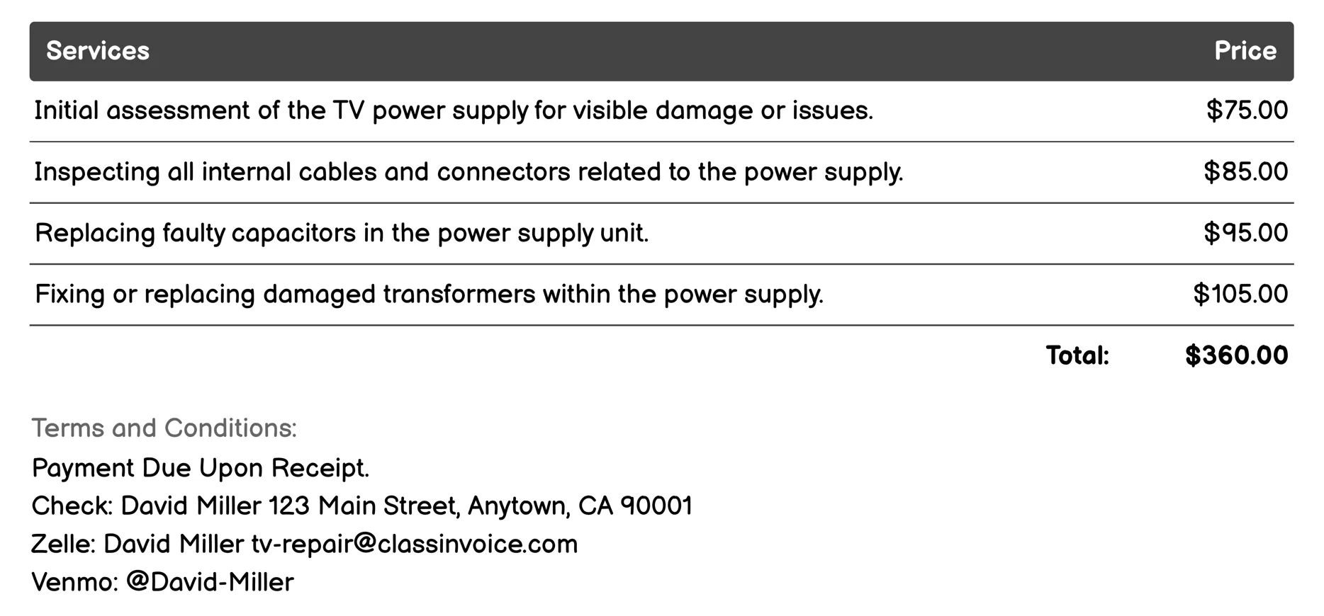 Power Supply Fixing Invoice Example