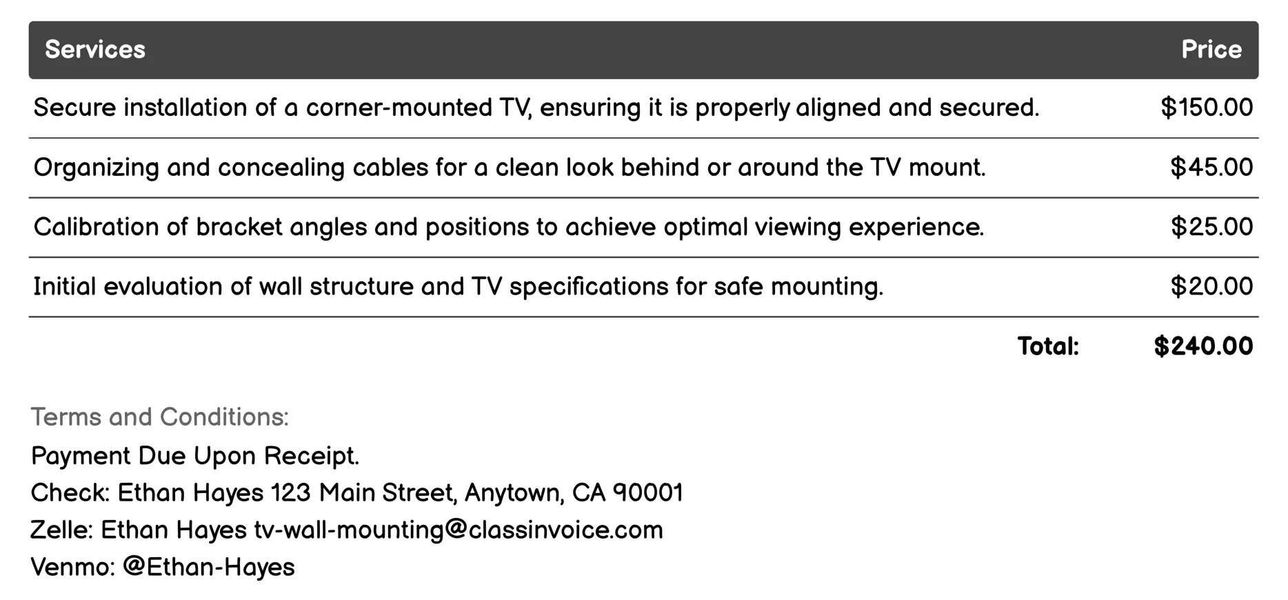 Corner TV Mounting Service Invoice Example