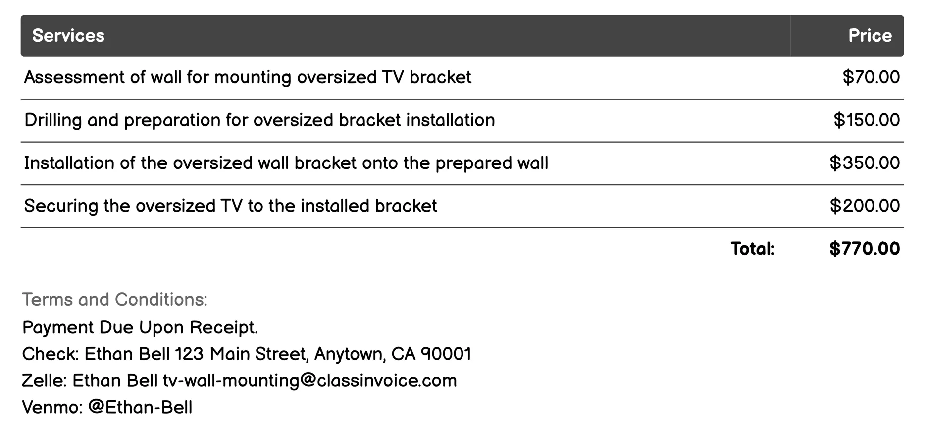 Oversized TV Wall Bracket Installation Invoice Example