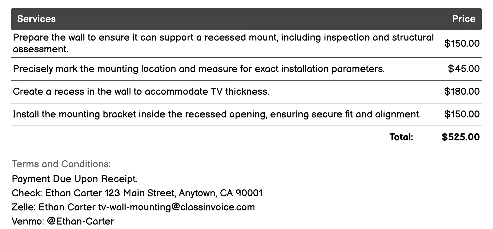 Recessed TV Wall Mount Installation Invoice Example