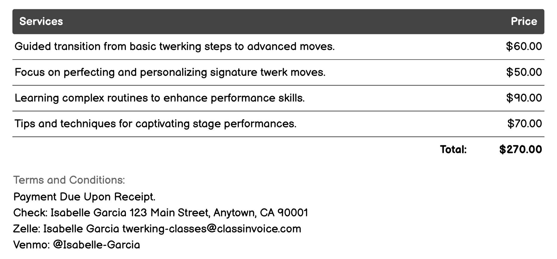 Advanced Twerking Sessions Invoice Example