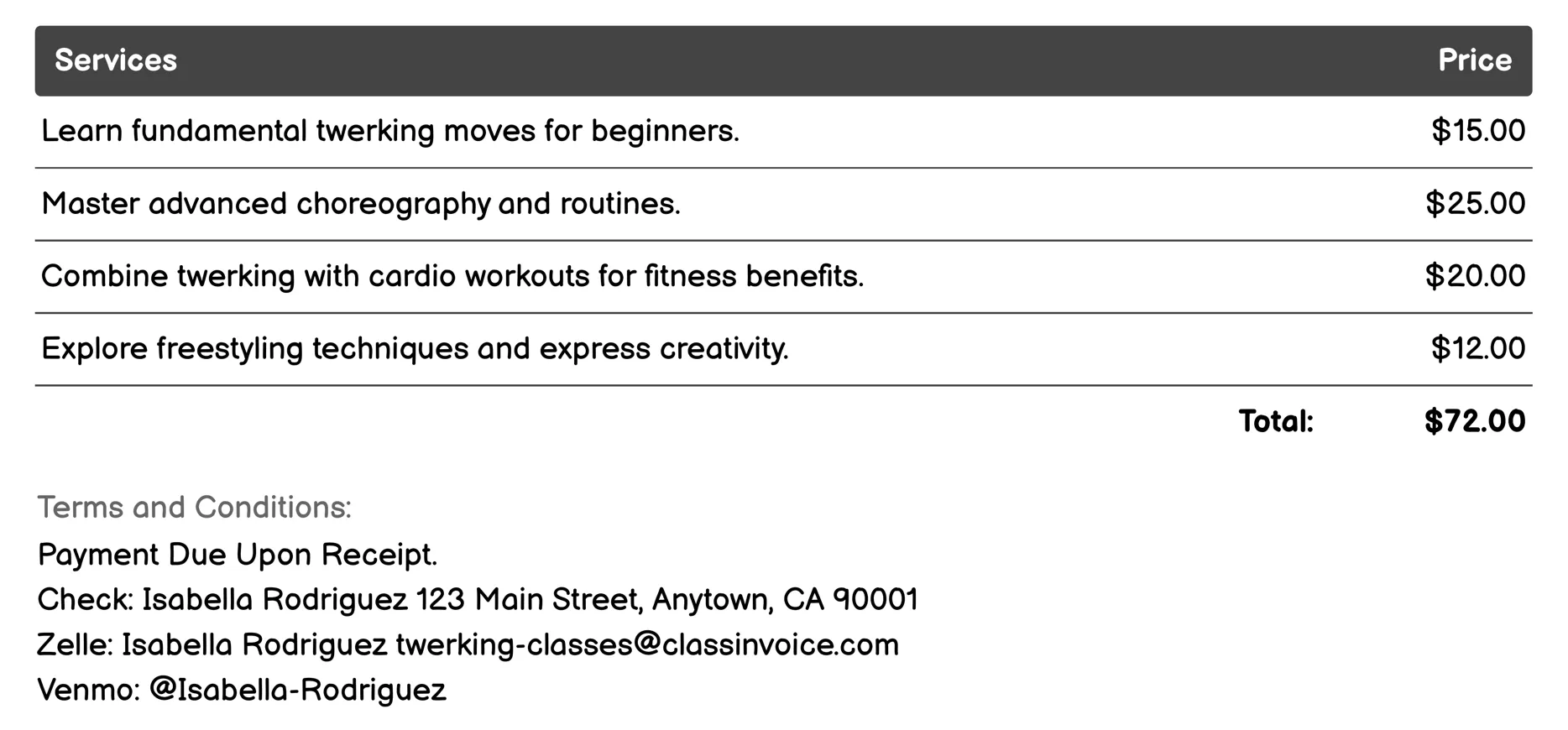 Online Twerking Classes Invoice Example