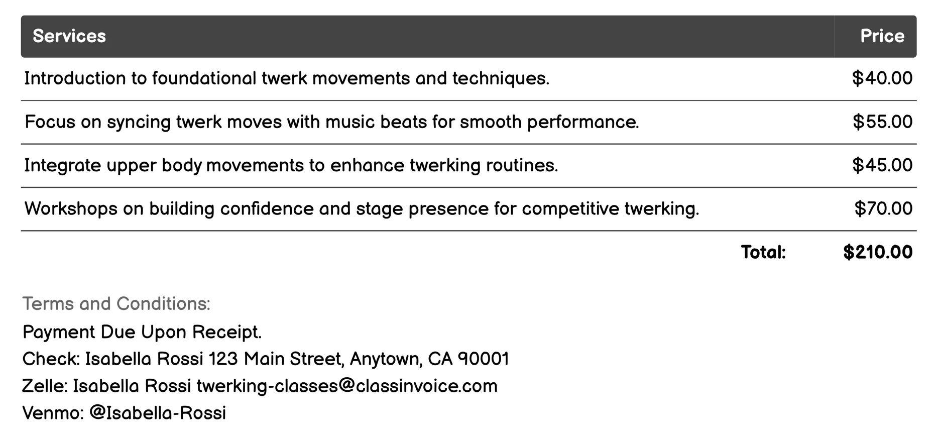 Twerk Battle Prep Courses Invoice Example