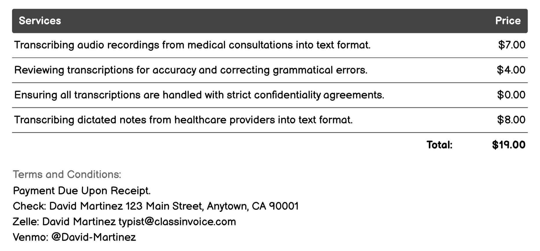 Medical Transcription Invoice Example