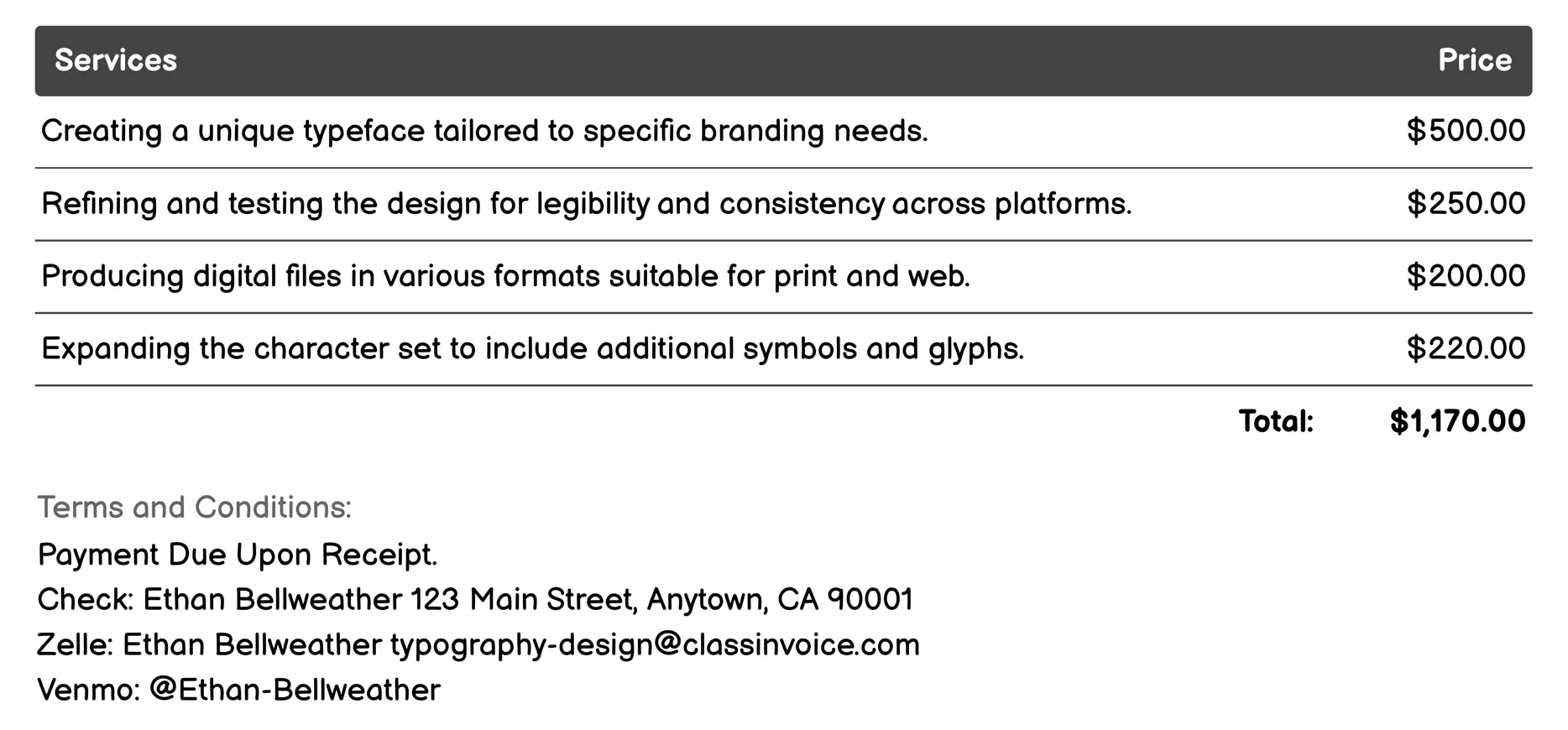 Typeface Design Invoice Example