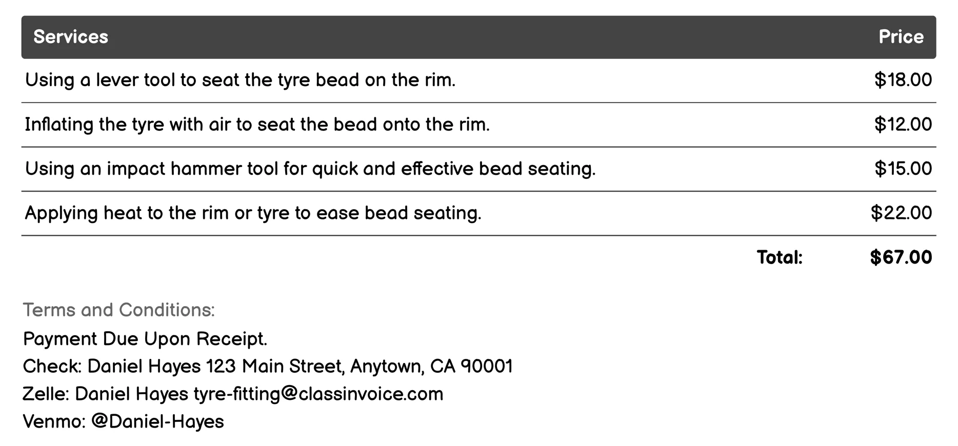 Bead Seating Invoice Example