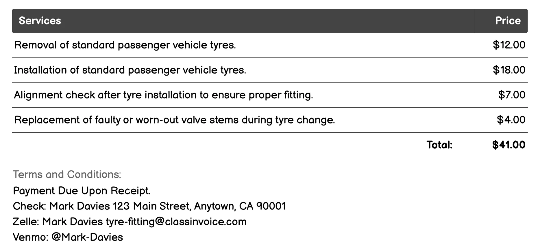 Removal and Installation Invoice Example