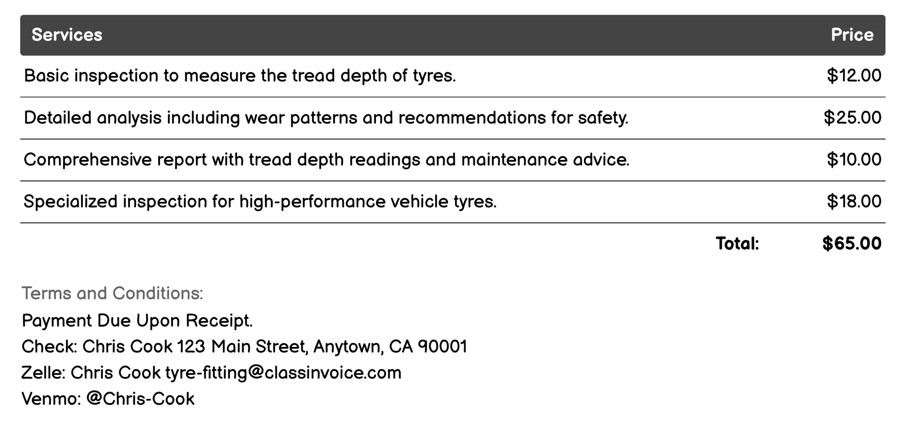 Tread Depth Inspection Invoice Example