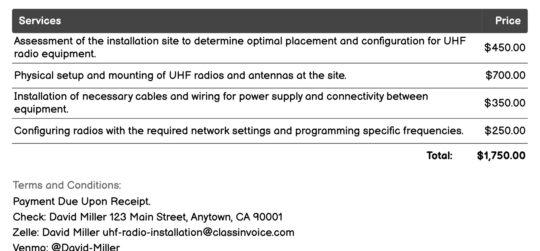 Radio Setup and Configuration Invoice Example
