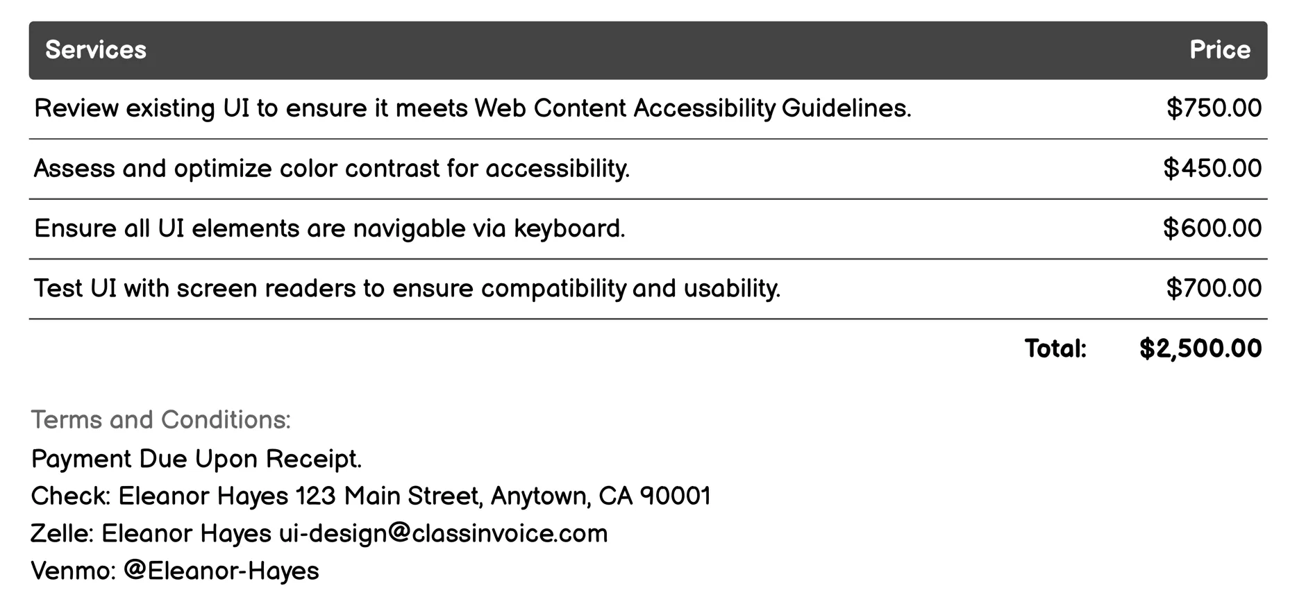 Accessibility Design Invoice Example