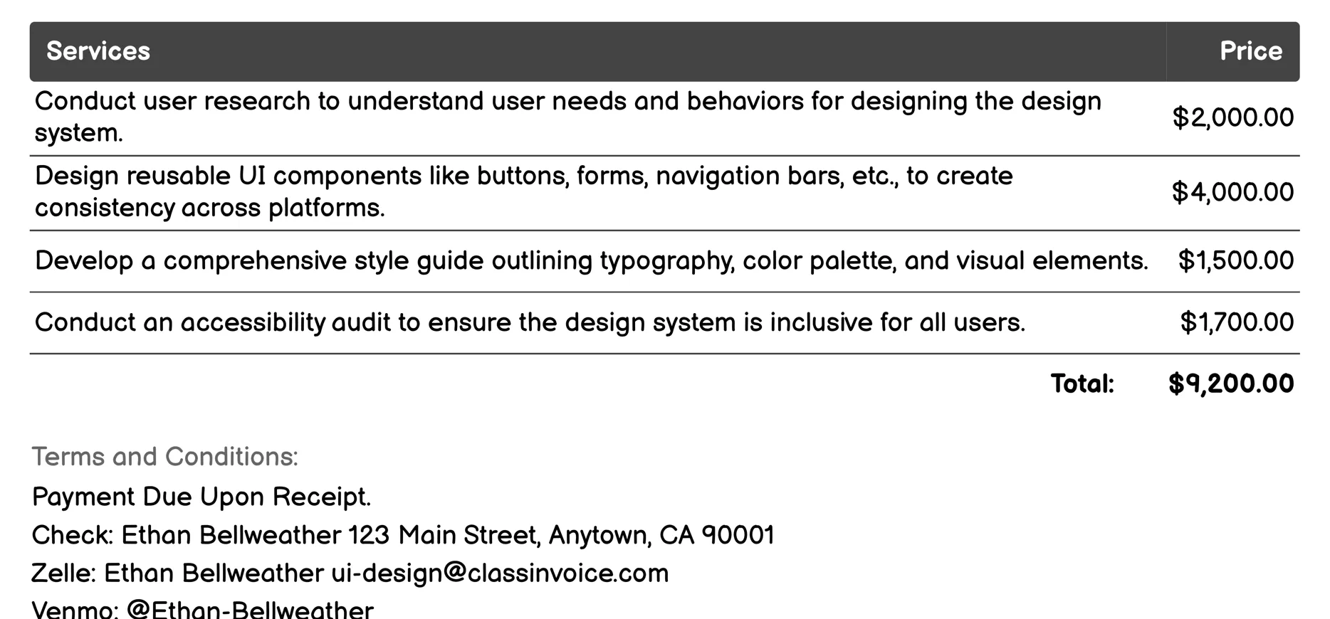 Design System Development Invoice Example