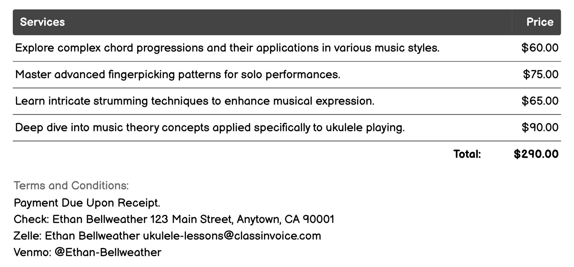 Advanced Ukulele Lessons Invoice Example