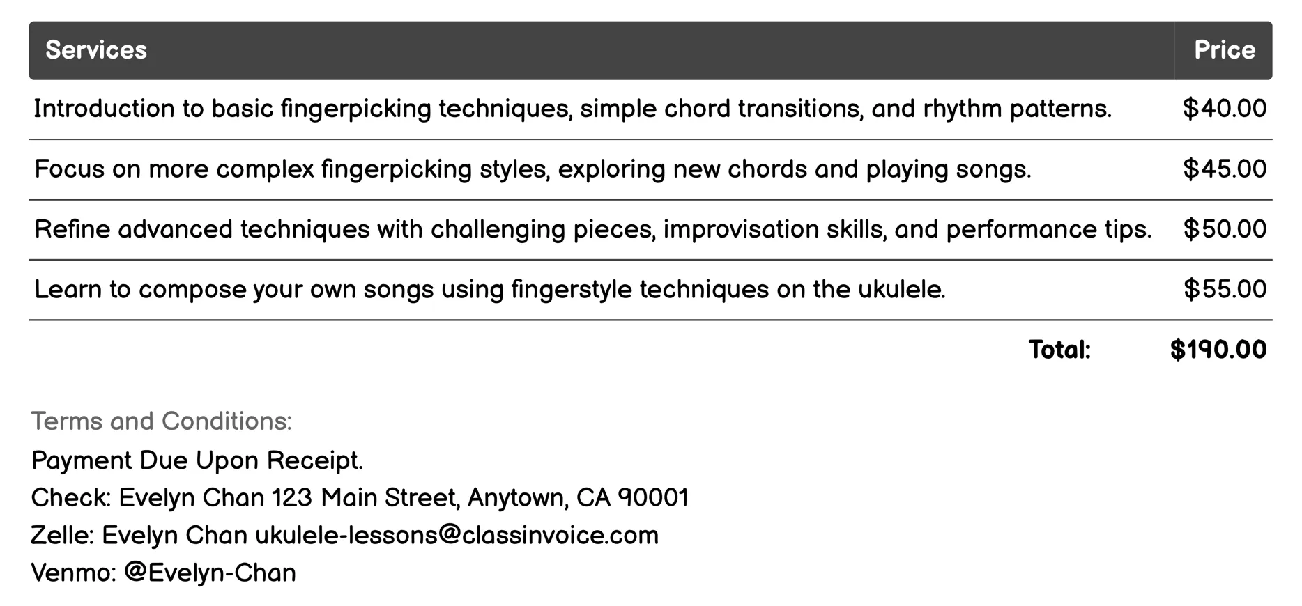 Fingerstyle Ukulele Lessons Invoice Example