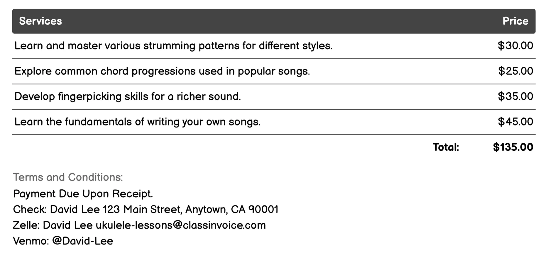 Intermediate Ukulele Lessons Invoice Example