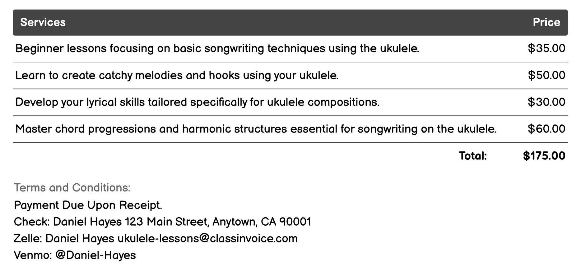 Songwriting & Composition Ukulele Lessons Invoice Example