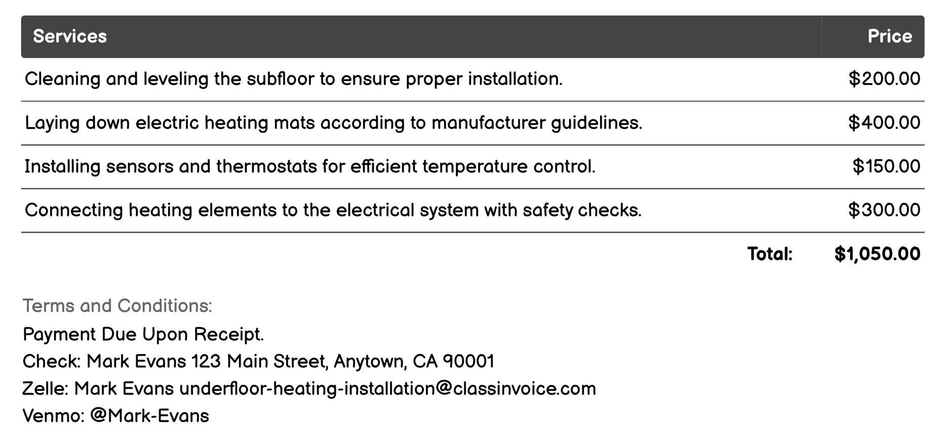 Electric Underfloor Heating Invoice Example