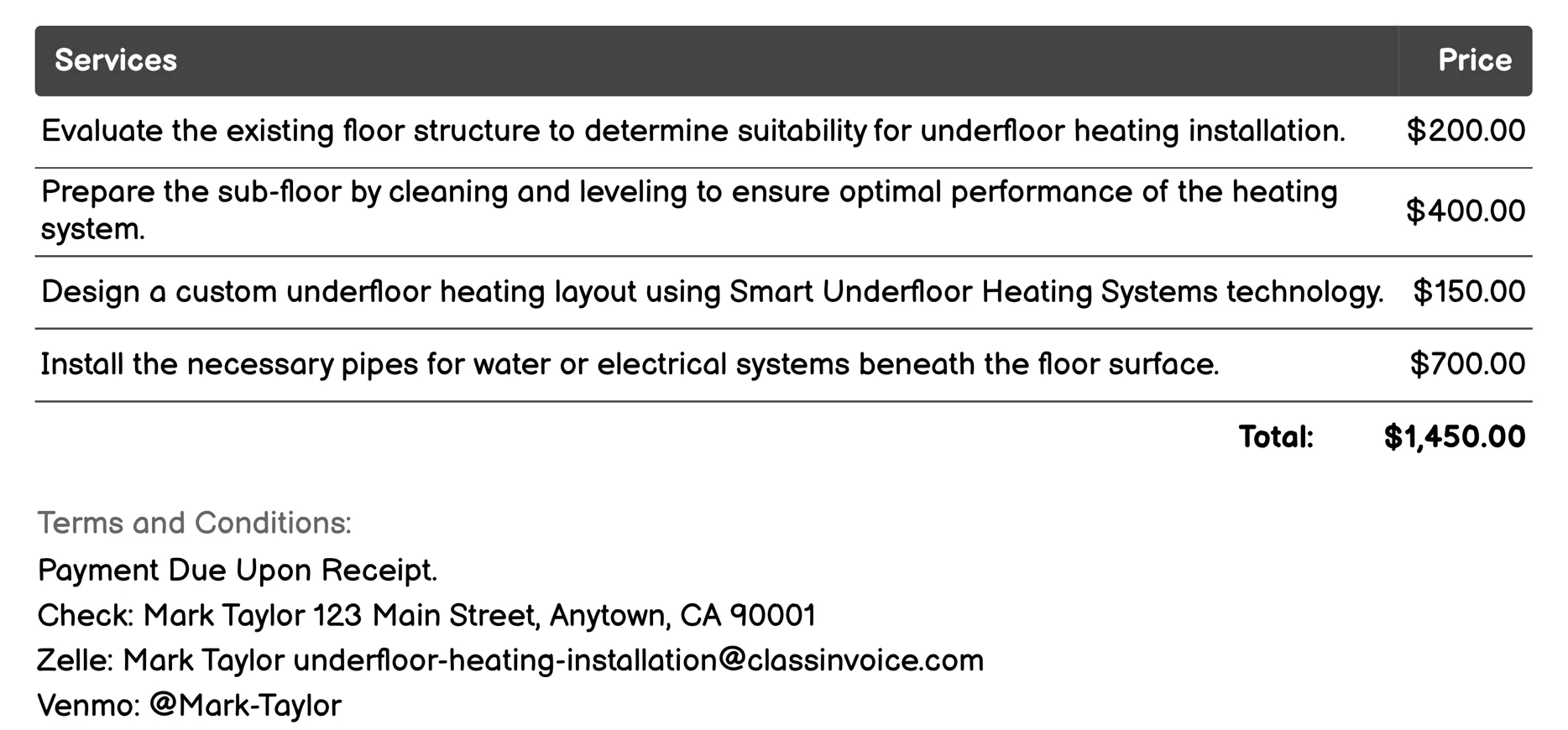 Smart Underfloor Heating Systems Invoice Example