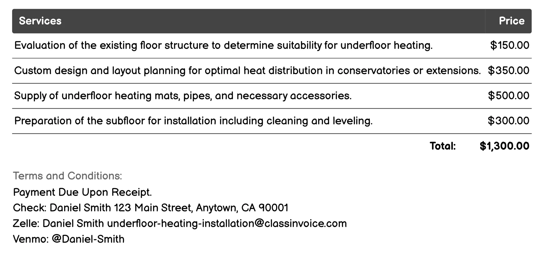 Underfloor Heating for Conservatories and Extensions Invoice Example