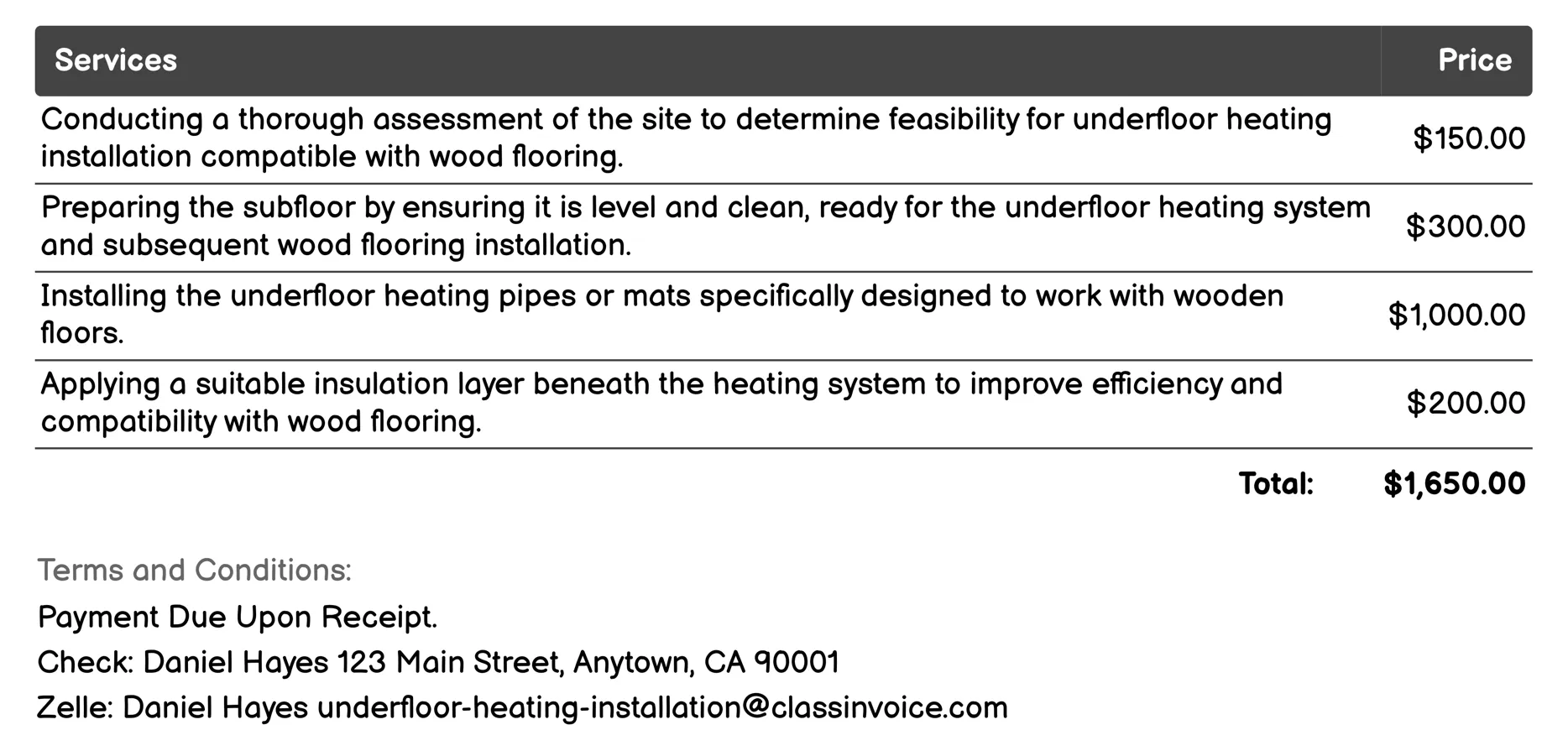 Wood Floor Compatible Heating Invoice Example