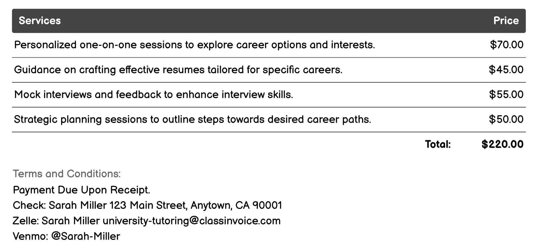 Career Guidance and Planning Invoice Example