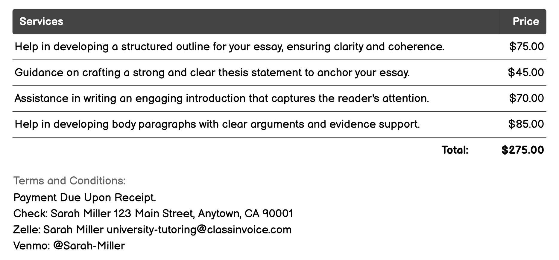 Essay Writing Support Invoice Example