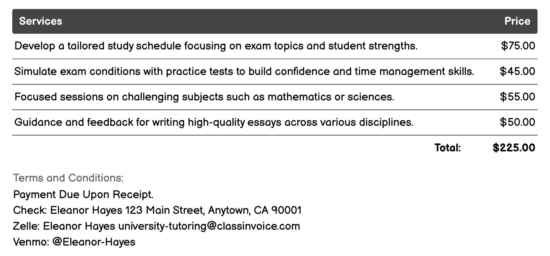 Exam Preparation Invoice Example