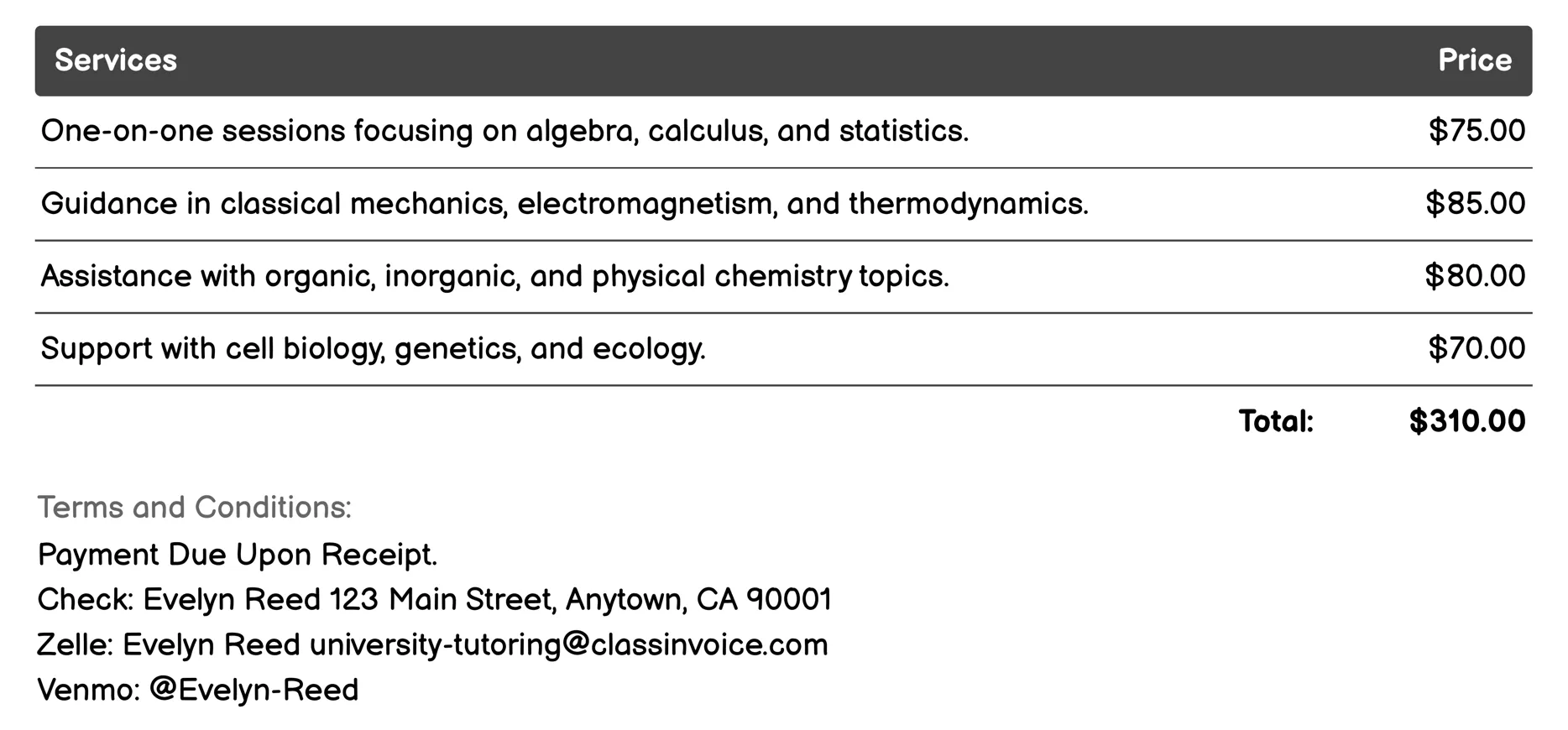 Subject-Specific Tutoring Invoice Example