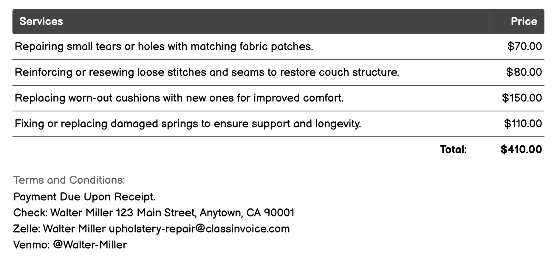 Couch Upholstery Repair Invoice Example