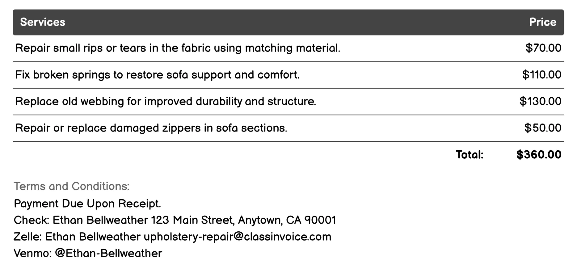Sectional Sofa Upholstery Repair Invoice Example