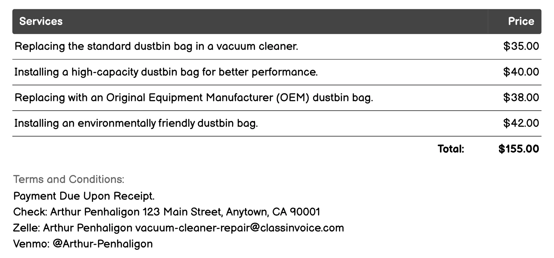 Dustbin Bag Replacement Invoice Example