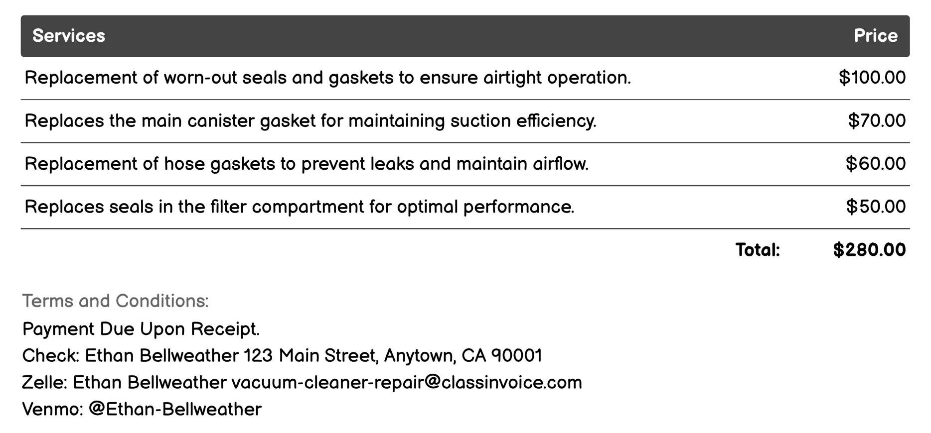 Sealing and Gasket Replacement Invoice Example