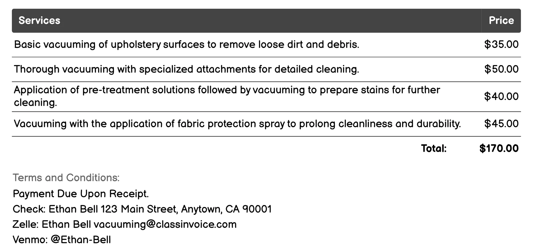 Upholstery Cleaning Invoice Example