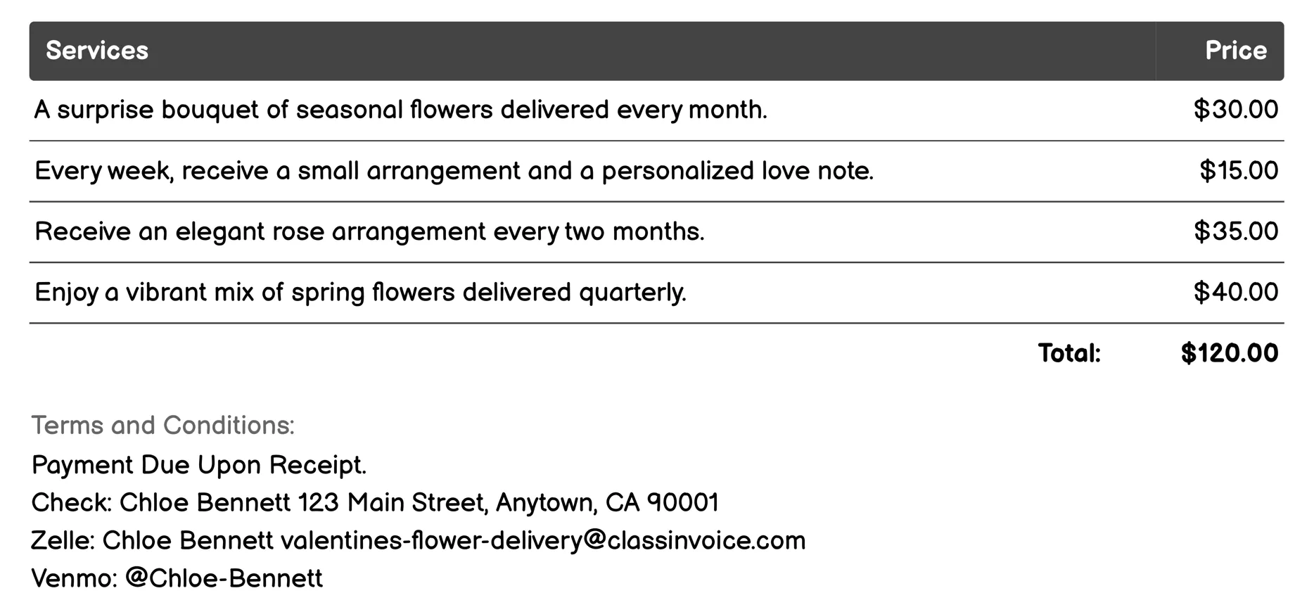 Subscription Service Invoice Example