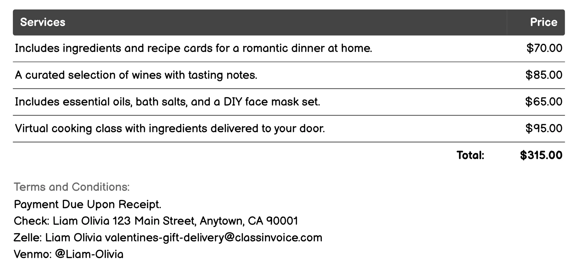 Couples' Activity Kits Delivery Invoice Example