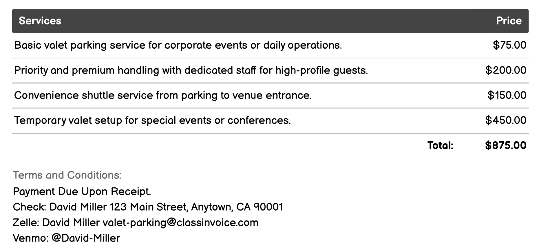 Corporate Valet Parking Invoice Example