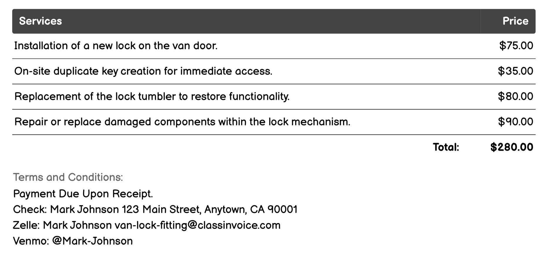 Emergency Lockout Assistance Invoice Example