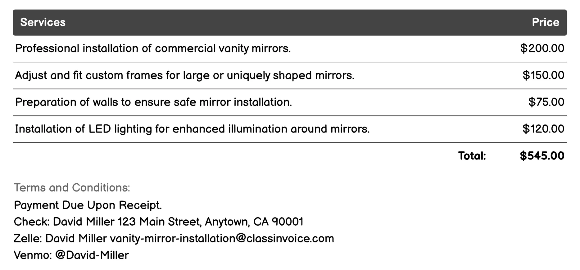 Commercial Vanity Mirror Installation Invoice Example