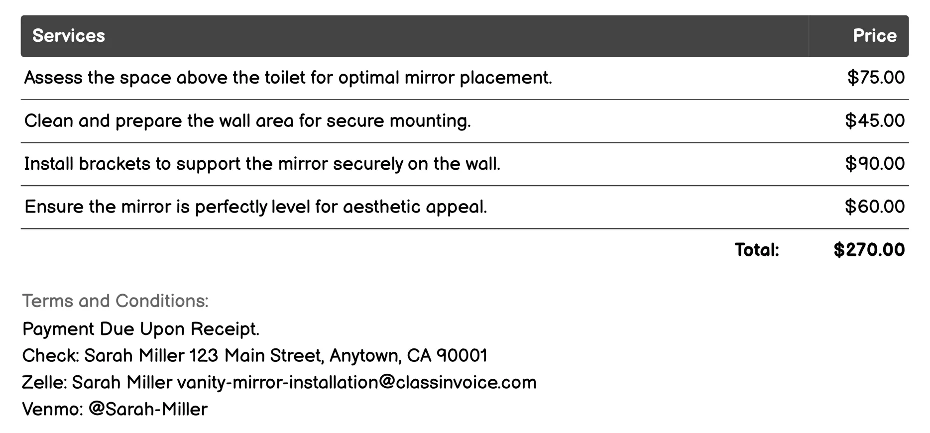 Over-the-Toilet Vanity Mirror Installation Invoice Example