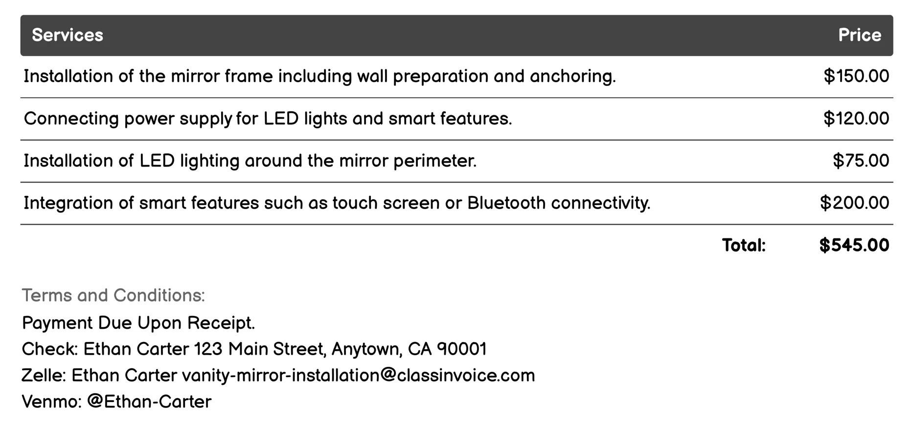 Smart Vanity Mirror Installation Invoice Example