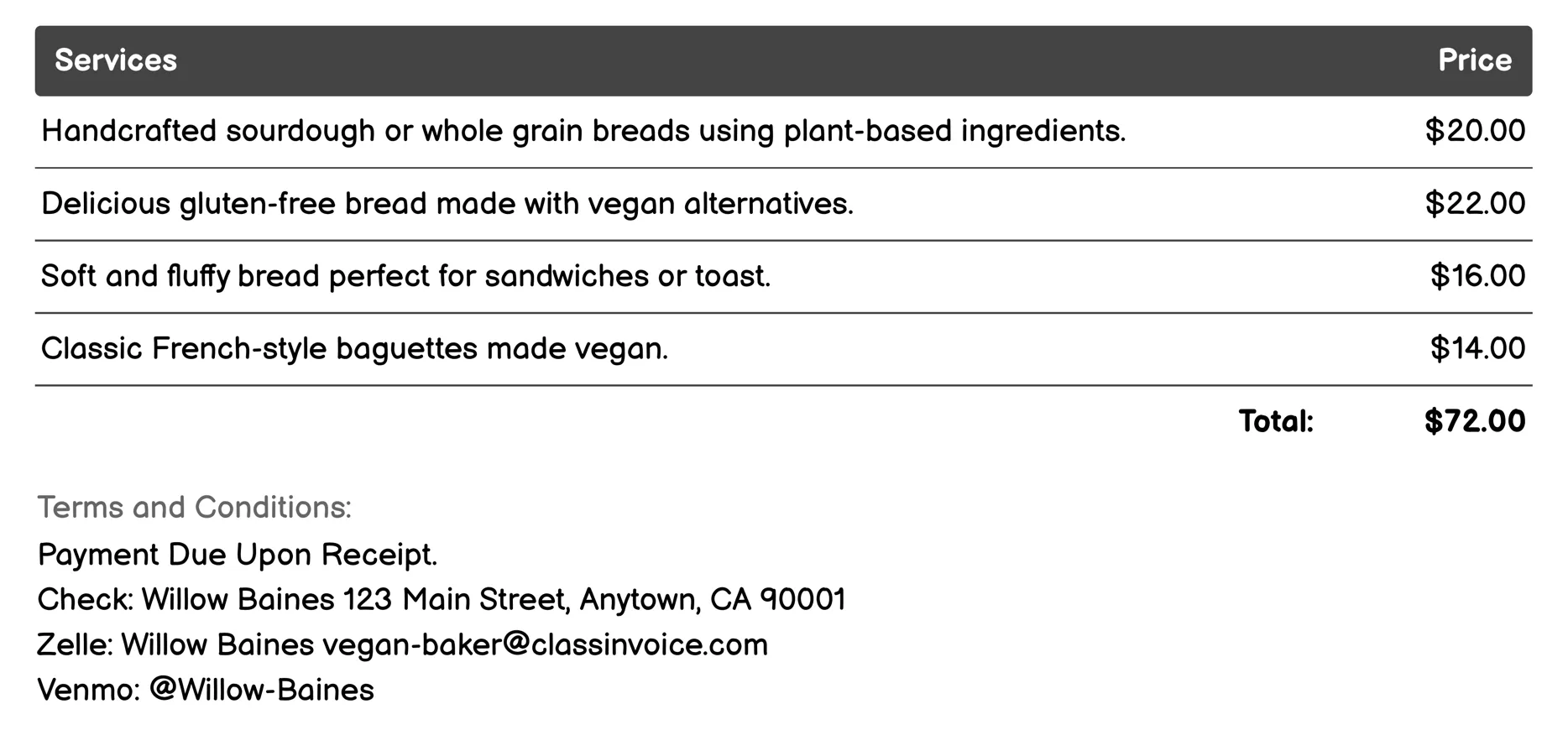 Bread Baking Invoice Example