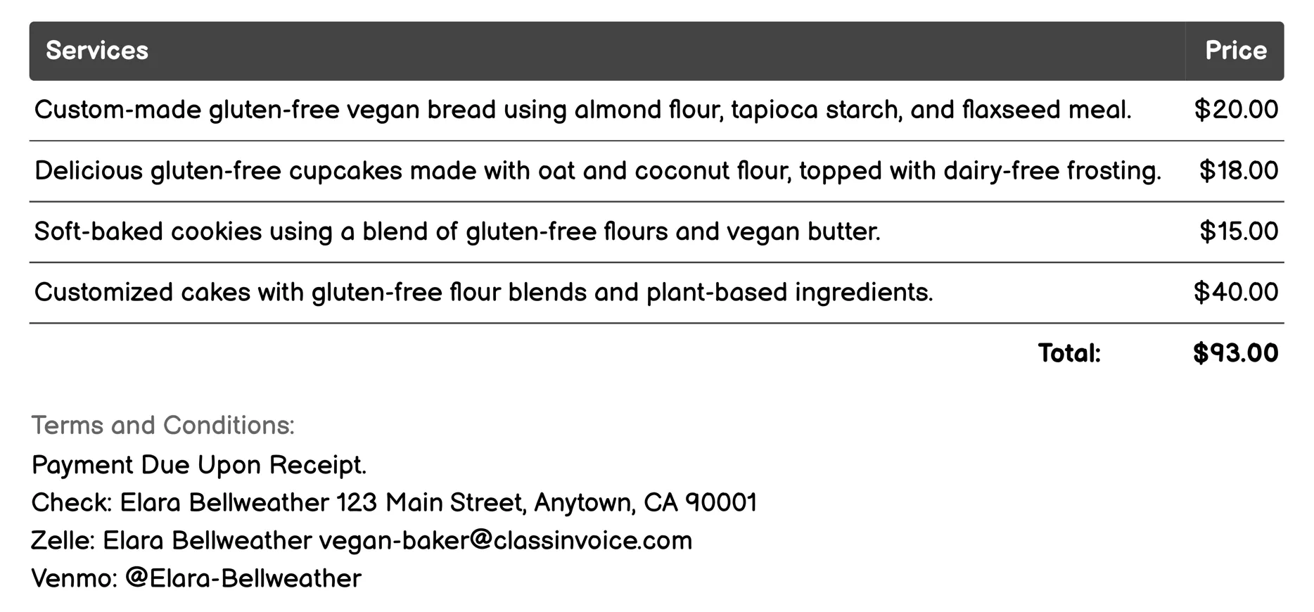 Gluten-Free Baking Invoice Example