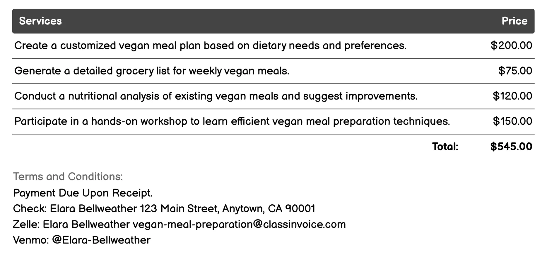 Nutritional Consultation Invoice Example