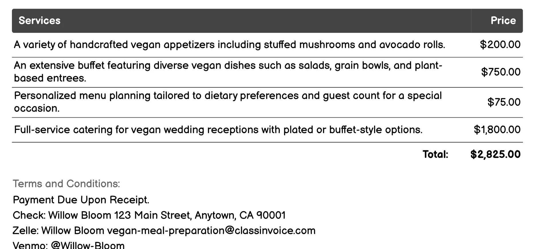 Special Occasion Vegan Catering Invoice Example