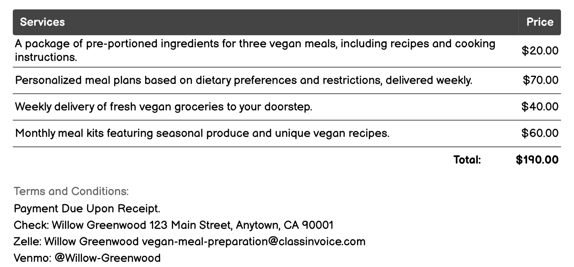 Subscription-Based Meal Services Invoice Example