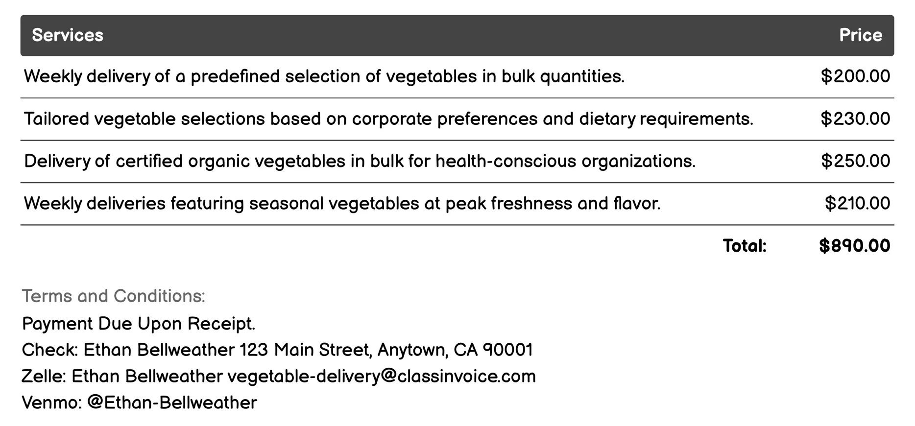 Corporate Bulk Vegetables Invoice Example