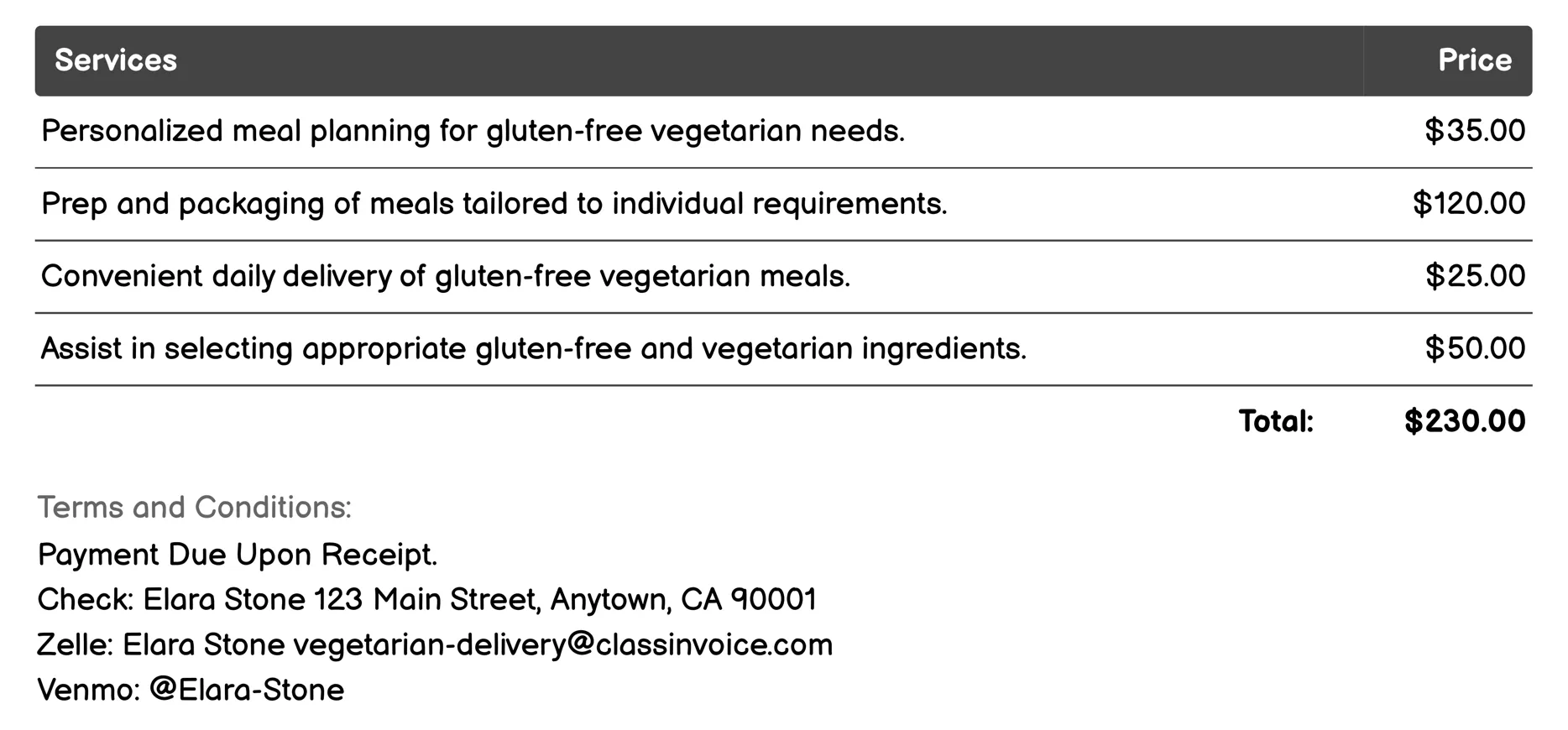 Gluten-Free Vegetarian Meals Invoice Example