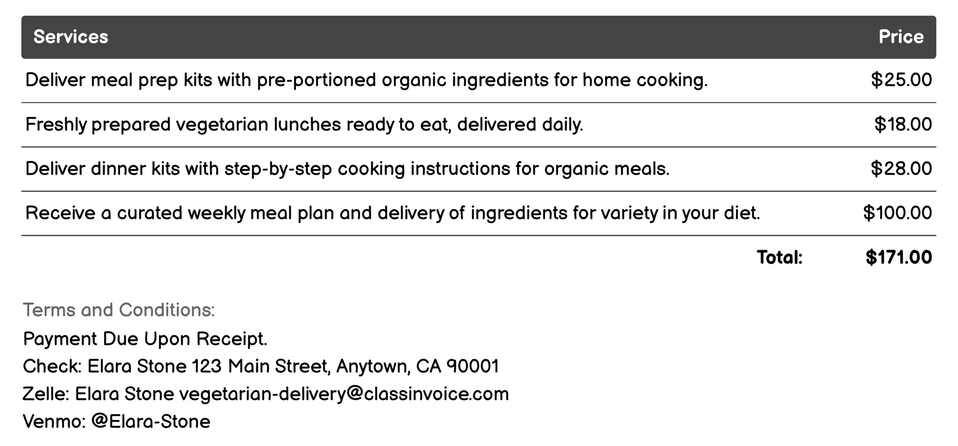 Organic Vegetarian Meals Invoice Example