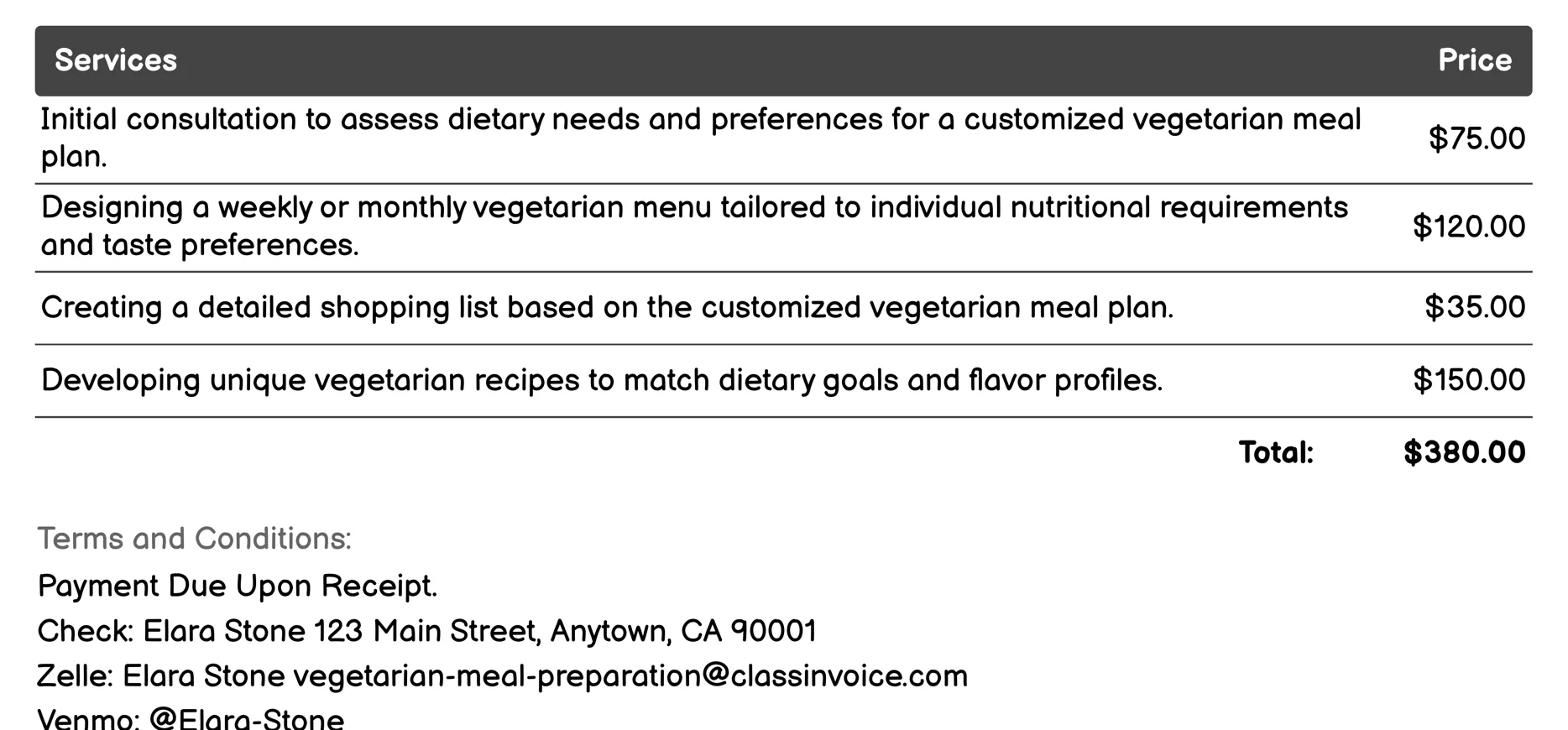 Customized Meal Planning Invoice Example