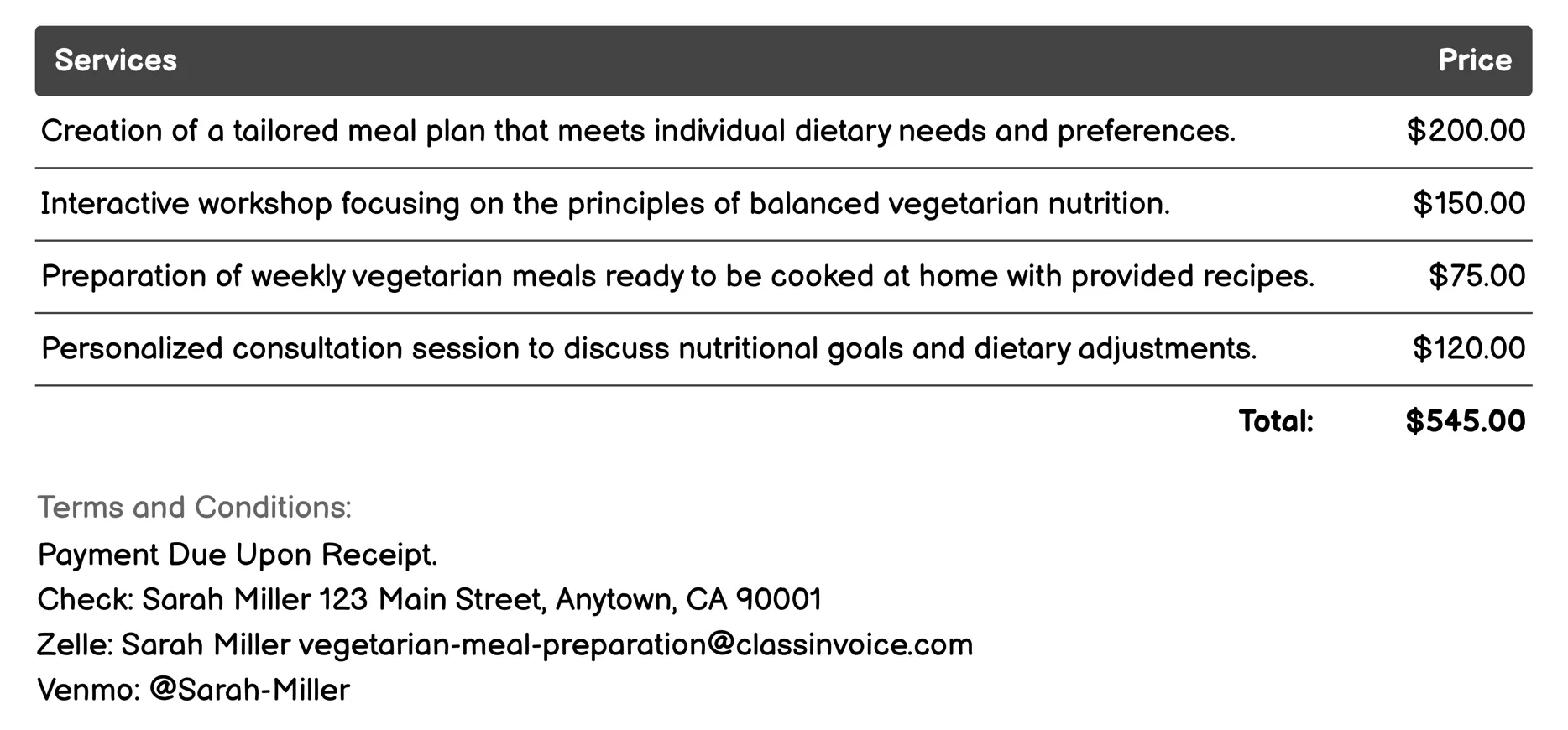 Nutritional Consulting Invoice Example