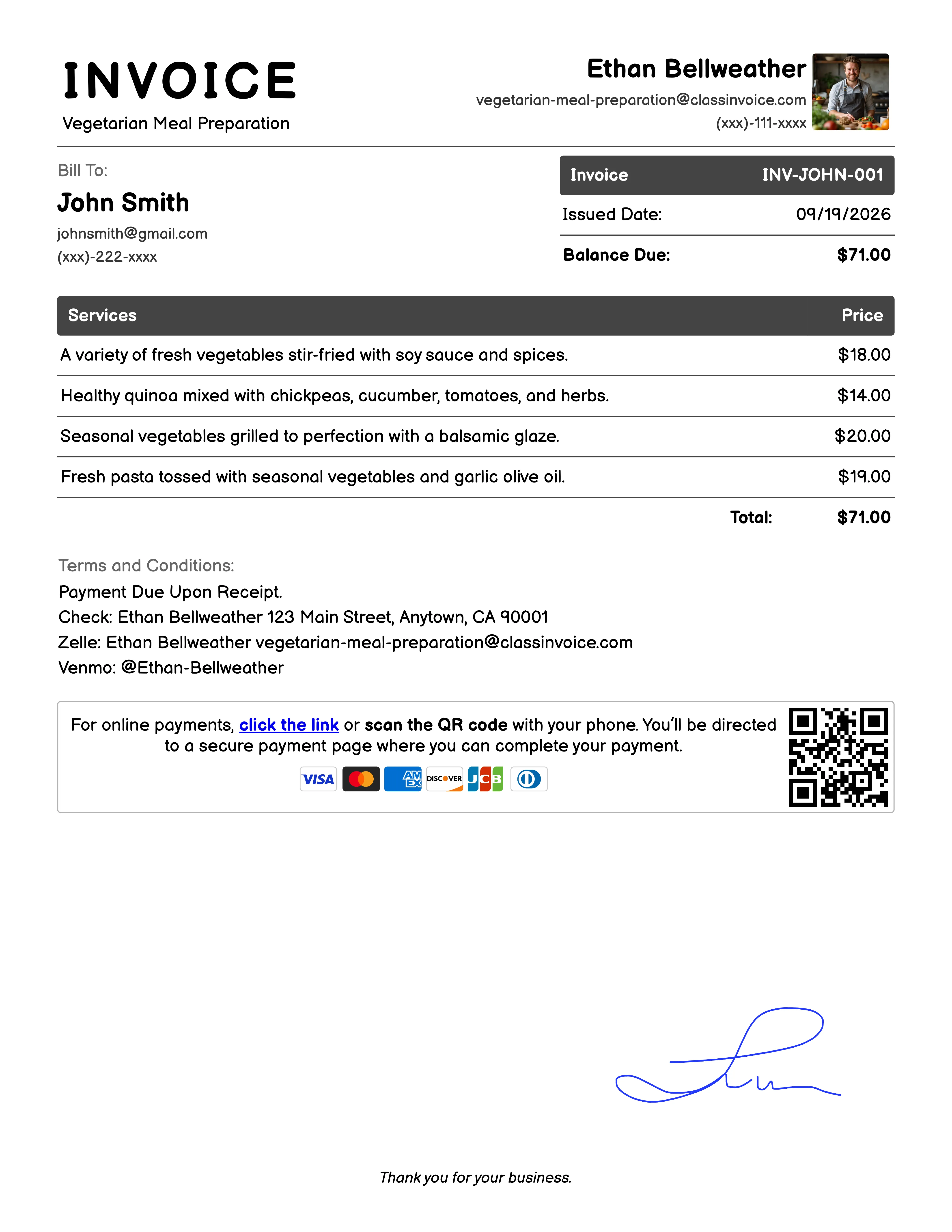 Vegetarian Meal Preparation Invoice Example
